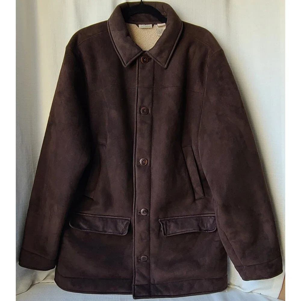 L.L.Bean Mens Large Brown Sherpa Lined Barn Chore Jacket Button Front Coat